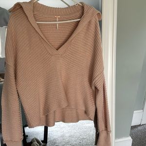 FP Beach Sweater Women‎ Small Pink Ribbed Collared Pullover Cotton Blend Cropped